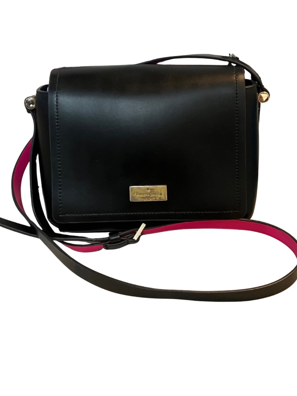Kate Spade New York Black Smooth Leather Flap Crossbody Hot Pink Interior